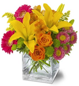Make a summertime splash with this pop art mix of yellow, hot pink, orange and green blossoms, presented in a modern glass cube vase – and bring warm-weather fun to someone’s day in McLean VA. Flower Delivery McLean VA